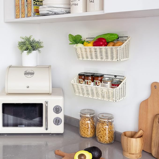 GRANNY SAYS Wicker Hanging Basket, 2 Pack Storage Baskets for Organizing, Adhesive Wall Mount Fruit Basket, Kitchen Organizat