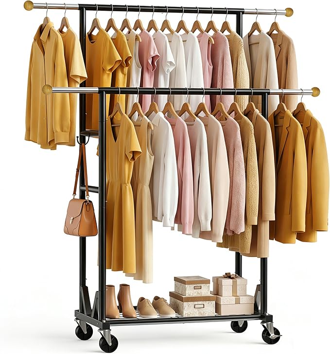 Rolling Garment Rack - Double Rod Clothes Rack with Lockable Casters, Mesh Storage Shelf & Anti-Slip Wooden Finials accented 