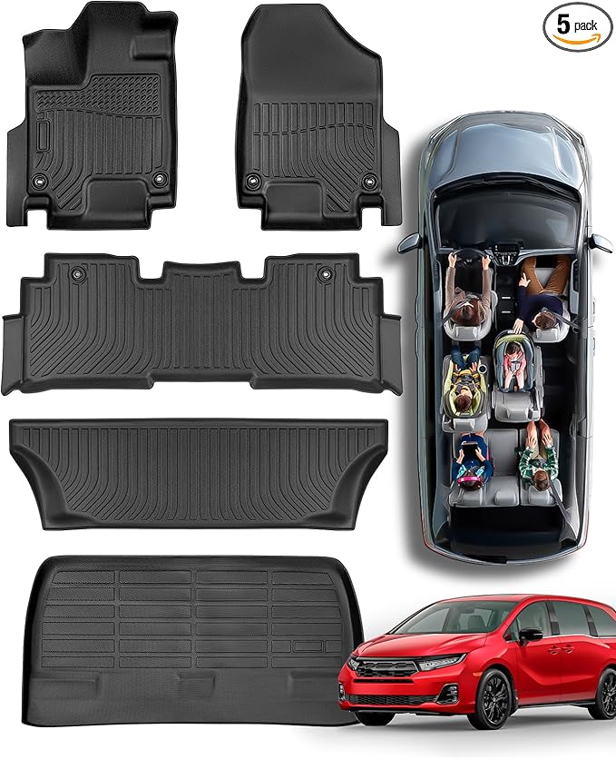 Car Floor Mats for Honda Odyssey: 2018-2026 Cargo Liner, Mini Passenger Van Accessories, All Weather 1st 2nd 3rd Row Rubber Floor Trunk Carpet for Odyssey 2018 2019 2020 2021 2022 2023 2024 2025 2026
