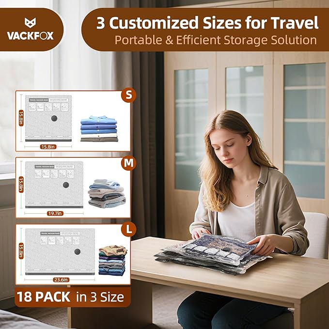 18 Pack Travel Vacuum Bags for Clothing,Compression Seal Packing Cubes for Suitcase Backpack,Vacuum Seal Bags for Clothing,Ca