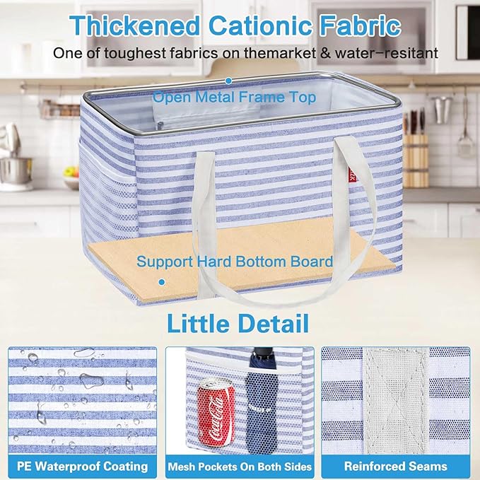 LHZK Standing Utility Tote Bag with Metal Wire Frame and the Sides Rinforced, Large Tote Bag with Handle, Reusable Grocery
