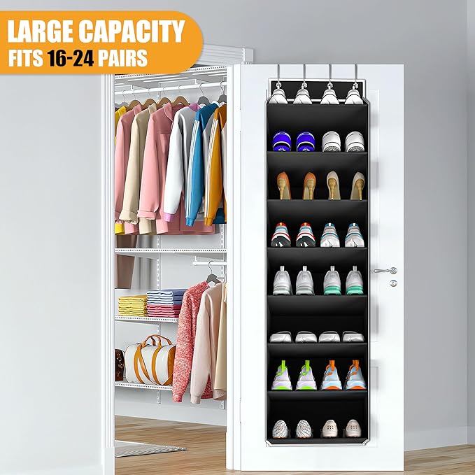 KYEVIS Over The Door Shoe Organizer Storage Fit 16-24 Pairs Hanging Shoe Rack Organiser for Closet Door, Deep Pocket Shoe Hol
