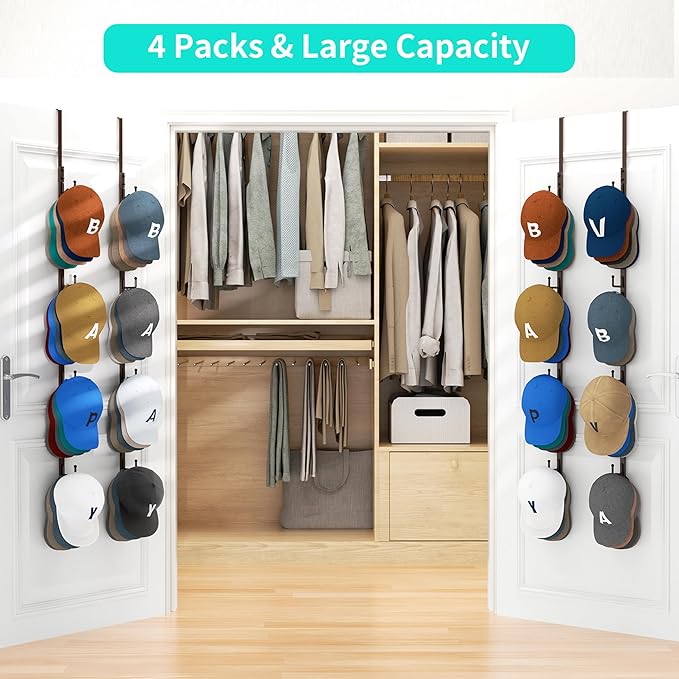 HapiRm Over Door Hat Rack - 4 Packs Metal Hanging Hat Organizer with 16 Hooks Design, Baseball Cap Hanger Organizer Storage H