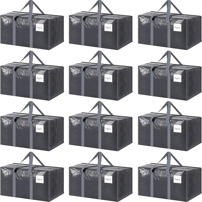 12 Pack Extra Heavy Duty Large Moving Bags with Strong Zipper & Comfortable Handles, Sturdy & Durable Clothes Storage Bags To