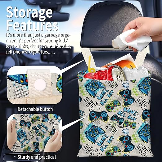 Hanging Car Garbage Bag, Cute Car Trash Can Bag, Automotive Accessories for Women Men Retro Arcade Game Print