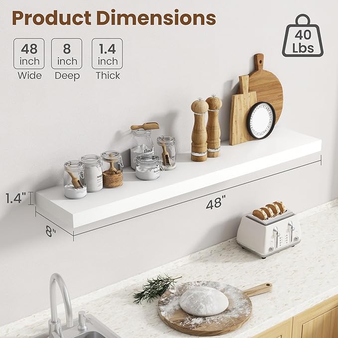 48 Inch Floating Shelves for Wall, 8 Inch Deep Floating Shelf for Storage & Display, Rustic Wall Mounted Shelf with Invisible