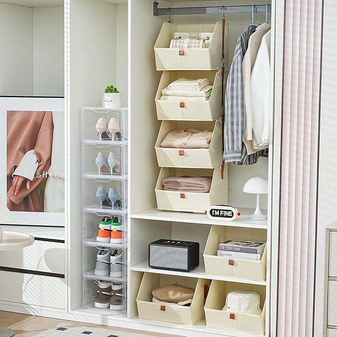 4 Tier Hanging Closet Organizer,Disassemblable Clothes Hanging Shelves,Fabric Closet Organizer System for Space-Saving,Foldab
