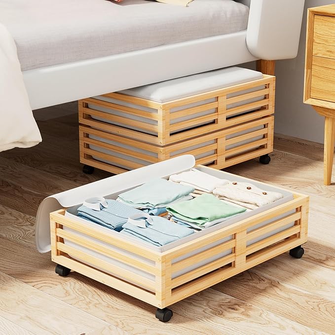 Wisuce Bamboo Under Bed Storage Containers- Underbed Organizer with Wheels with Large Dust Bag,Sturdy Wood Rolling Under the 