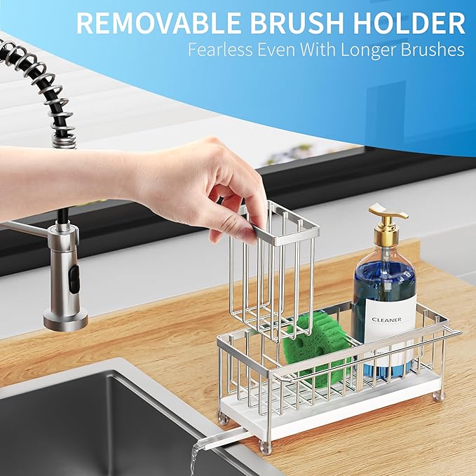 Cisily Sponge Holder for Kitchen Sink, Sink Caddy Organizer with High Brush Holder, Kitchen Countertop Organizers and Storage