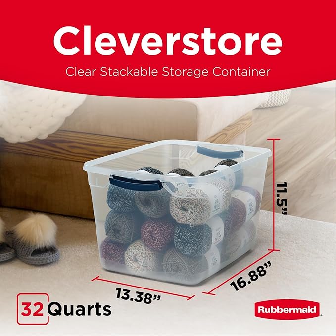 Rubbermaid Cleverstore Clear 32 Qt, 6 Pack Stackable Plastic Storage Bins with Lids, Great for Closet and Laundry Storage, Or