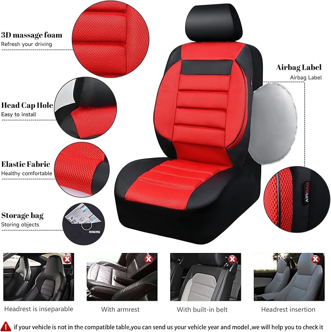 CAR PASS Leather 3D Foam Back Support Car Seat Covers Full Set Air Mesh Automotive Seat Covers, All Season Car Seat Cover Fit