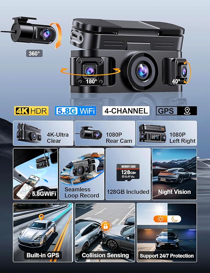360° View 4K 4 Channel Dash Cam Front and Rear Inside Left Right, Built-in GPS, 5.8GHz WiFi, Car Dash Camera for Cars with Ap