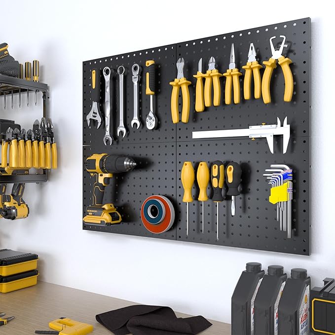 Spampur Peg Board, 4 Pack Metal Pegboard Panels Black Pegboards Wall Organizer, Tools Pegboard Storage System for Workbench, 