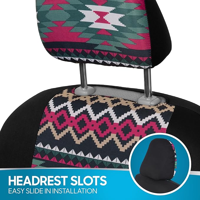 BDK Pink Inca Car Seat Covers for Front Seats, 2 Pack– Geometric Print Front Seat Cover Set with Matching Headrest, Sideless 