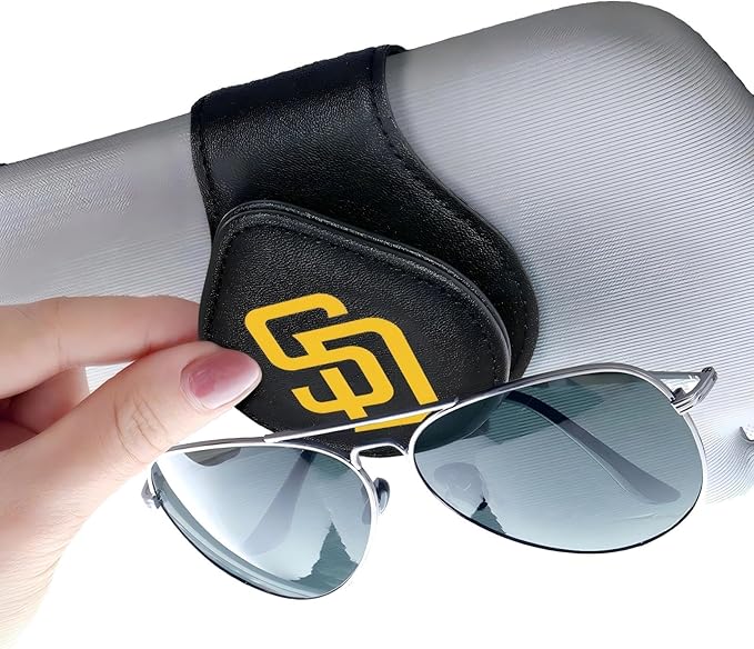 for MLB SanDiego Padres Car Visor Sunglass Holder - Black Leather Eyeglass Case with Team Logo, Clip-On Sun Visor Organizer for Auto Interior, SD Padres Gifts