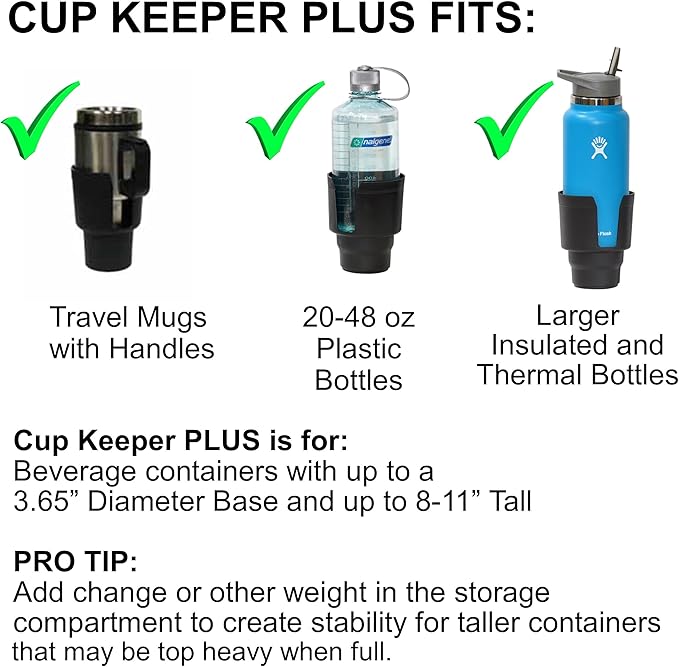 Cup Keeper Plus Car Cup Holder Adapter Expands to Hold Larger Beverage Containers up to 3.7" Diameter/Fits 32 oz Hydro Flask,