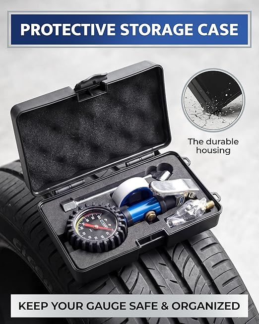 Tire Inflator with Pressure Gauge Heavy Duty Air Chuck with Gauge for Air Compressor Tire Inflator Attachment - 100PSI, with Case