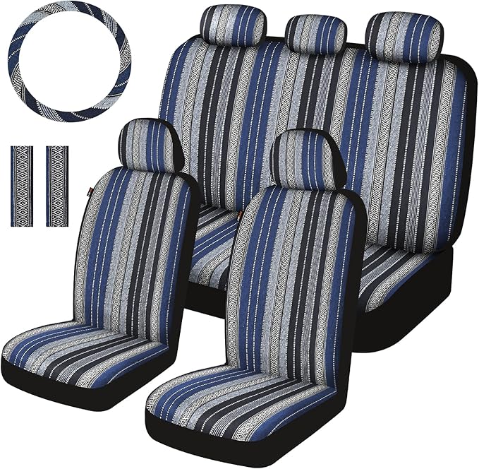 Baja Saddle Blanket Car Seat Covers Full Set with Seat Belt Pads and Steering Wheel Cover, Washable Breathable Striped Woven 
