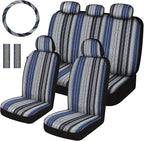 Baja Saddle Blanket Car Seat Covers Full Set with Seat Belt Pads and Steering Wheel Cover, Washable Breathable Striped Woven 