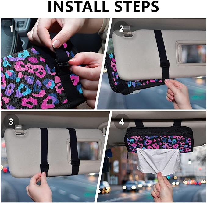 Car Tissue Holder Car Visor Organizer Tissue Box Holder for Car Sun Visor Organizer with Car Vehicle Accessories Essentials Interior for Women Men Pink and Blue Leopard Print