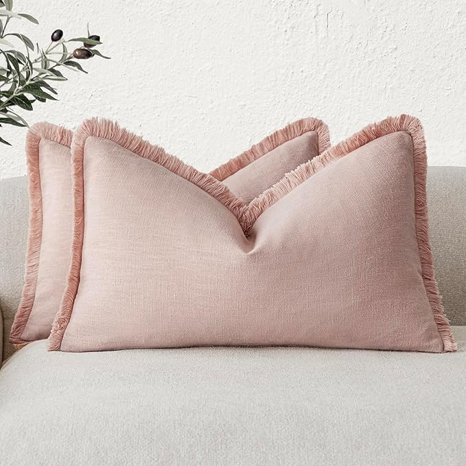 Foindtower Set of 2 Decorative Linen Fringe Lumbar Throw Pillow Covers Boho Farmhouse Cushion Cover with Tassels Soft Accent 