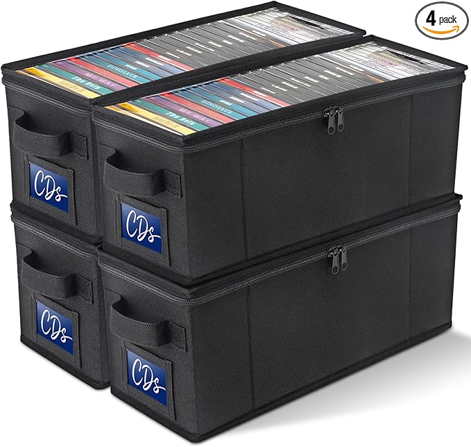 CCidea CD Storage Box with Clear Window - 4 Pack Media Organizer, Innovative Folding Design for CD Discs, CD Holder with Reinforced Handle & Label Slot, Holds 29 CDs Each, Fits Car & Home Use (4)