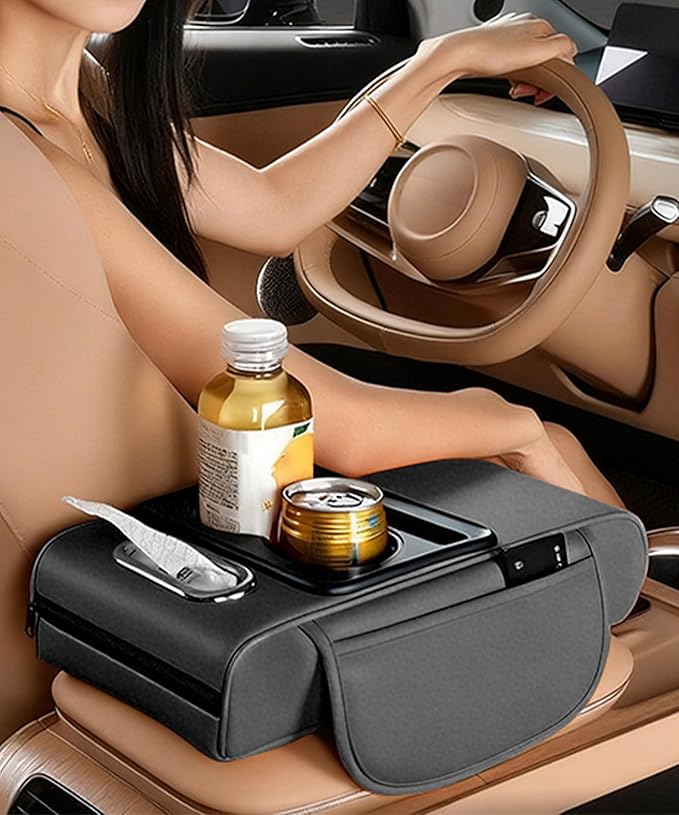Car Armrest Storage Box,Car Accessories Console Organizers and Storage,Universal Waterproof Leather Console Cover with Cup Holder and Phone Holder,Suitable for Most Cars (Normal, Black)