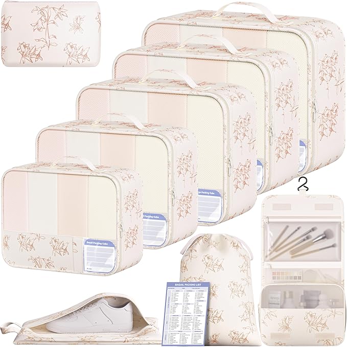 BAGAIL 9 Set Packing Cubes with Packing List Luggage Packing Organizers for Travel Accessories (Pink floral)