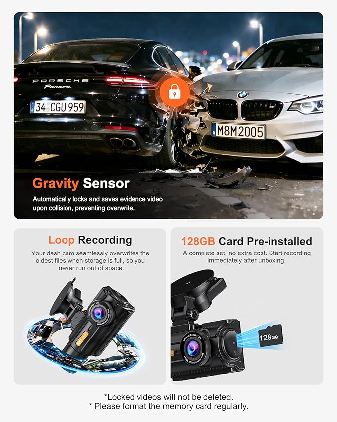 3 Channel 4K Dash Cam with STARVIS 2 Sensor, Free 128GB Card and WiFi 6 up to 20MB/s, Dash Camera for Cars with Front Rear In