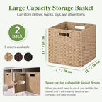Woven Wicker Storage Baskets 2-Pack, 11x11 Handwoven Paper Rope Organizer Bins, Foldable Cube Storage Cubes with Built-in Han