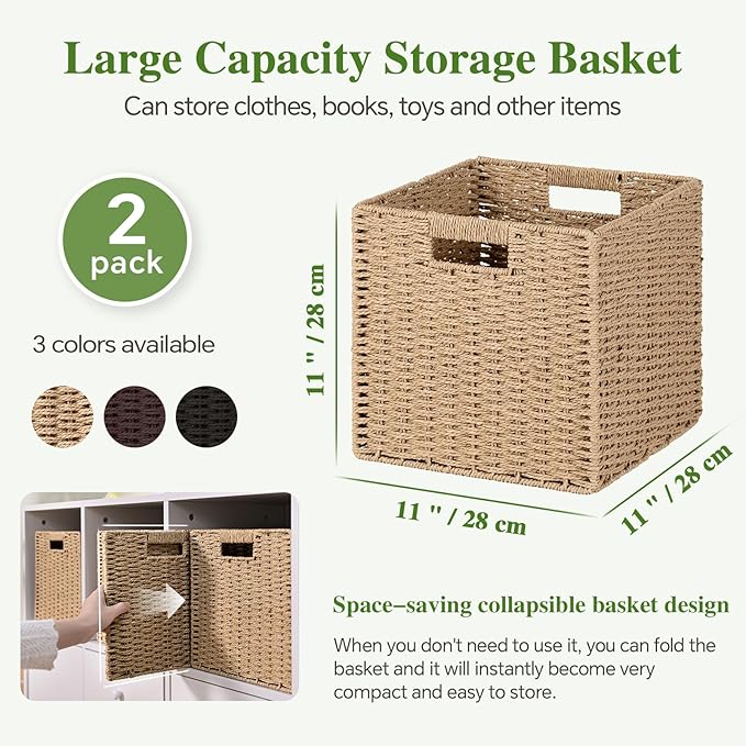 Woven Wicker Storage Baskets 2-Pack, 11x11 Handwoven Paper Rope Organizer Bins, Foldable Cube Storage Cubes with Built-in Han