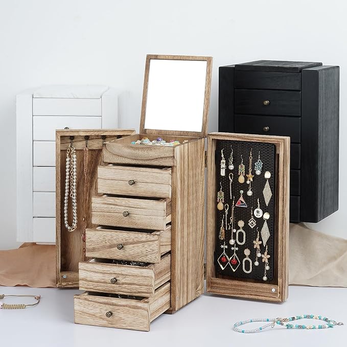 Meangood Jewelry Box Wood for Women, 6-Layer Large Organizer Box with Mirror & 5 Drawers for Rings, Earrings, Necklaces, Vint