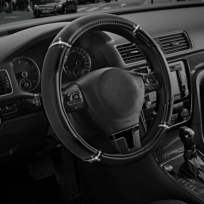 Road Comforts Leather Steering Wheel Cover - Made with PVC Leather - Anti-Slip, Universal Fit 14 1/2 inches to 15 inches - Bl