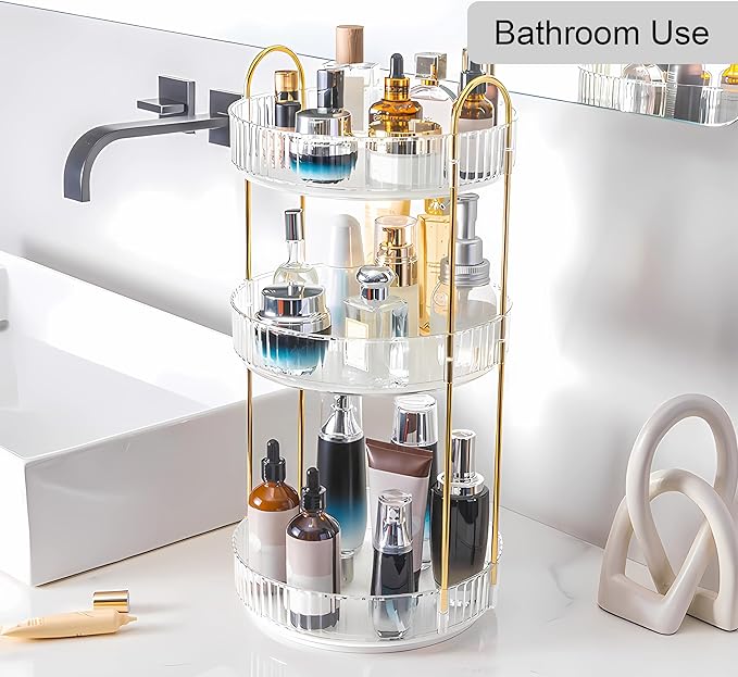 YCIA&DONE 360 Rotating Makeup Organizer and Storage for Vanity Countertop 3 Tiers, High Capacity Cosmetic Skincare Perfume Or