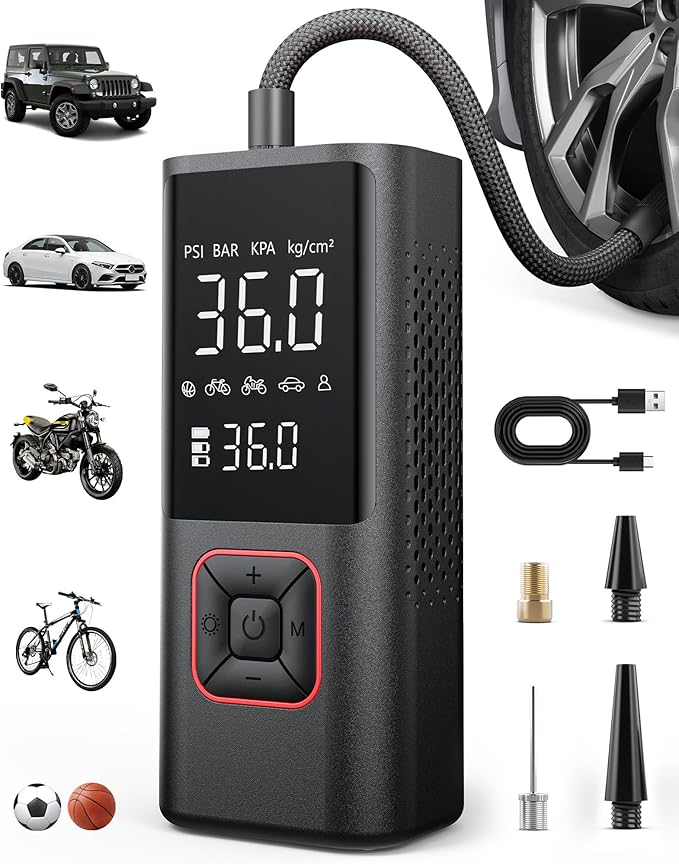 Cordless Tire Inflator 150PSI Portable Air Compressor with Auto Shutoff, Air Pump for Car Tires, Motorcycle, Bike, Balls, Inflatables, LED Light, Red, Large Capacity