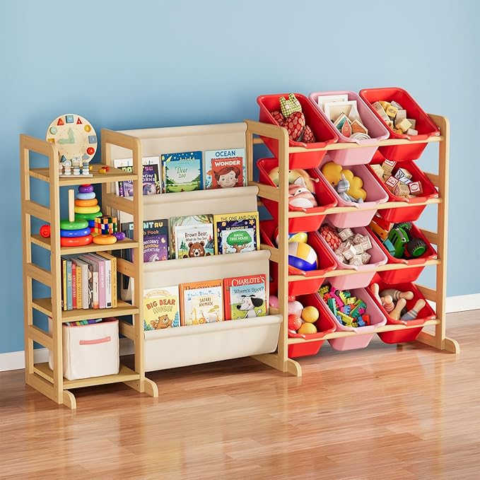 SpaceAid 3-in-1 Toy Storage Organizer with 4 Shelves and 12 Bins, Toy Organizers Storage 3-Tier Bookshelf, Kids Bin Shelf Box