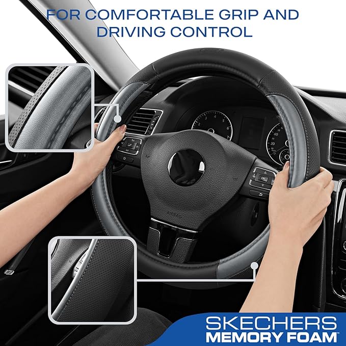 Skechers Steering Wheel Cover Memory Foam,Luxury Leather Steering Wheel Covers,Universal Anti-Slip Fit 14" 1/2-15" Car Wheel 