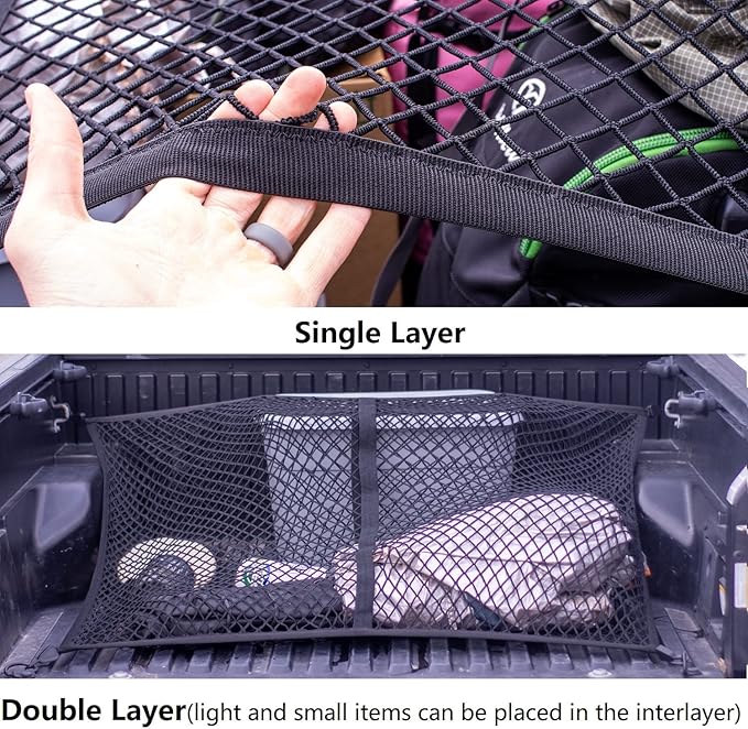 Highly Elastic Cargo Net, 4'x6' Stretches to 8'x12, Suitable for 6.5ft - 8.1ft Long Bed Trucks, Trailers (Lager Double Layer)