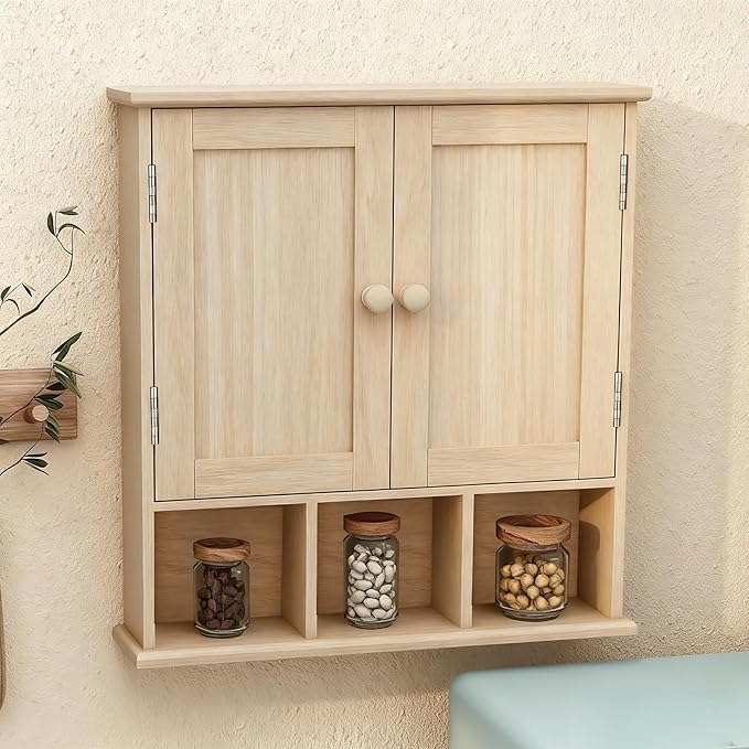 TaoHFE Natural Wooden Color Bathroom Wall Cabinet with 2 Door Adjustable Shelves,Over The Toilet Storage Wall Mounted Medicin