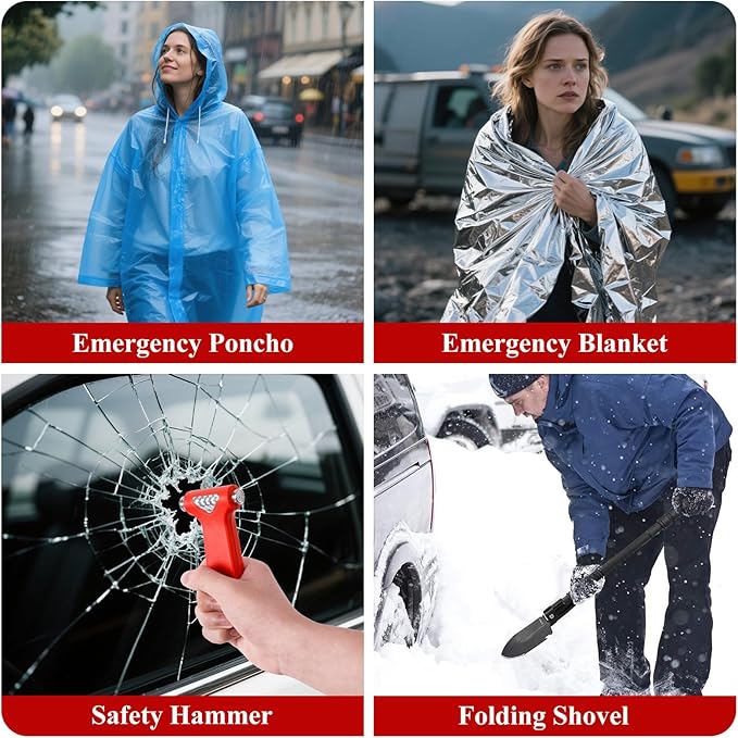 Car Roadside Emergency Kit, Vehicle Truck Safety Emergency Road Side Assistance Kits with Jumper Cables, Red