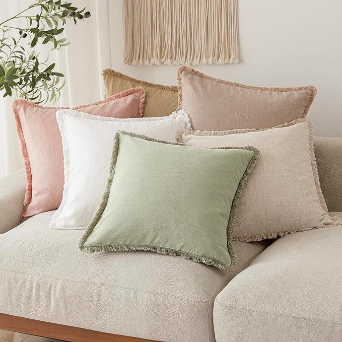 Foindtower Set of 2 Decorative Linen Fringe Throw Pillow Covers Cozy Boho Farmhouse Cushion Cover with Tassels Accent Pillowc