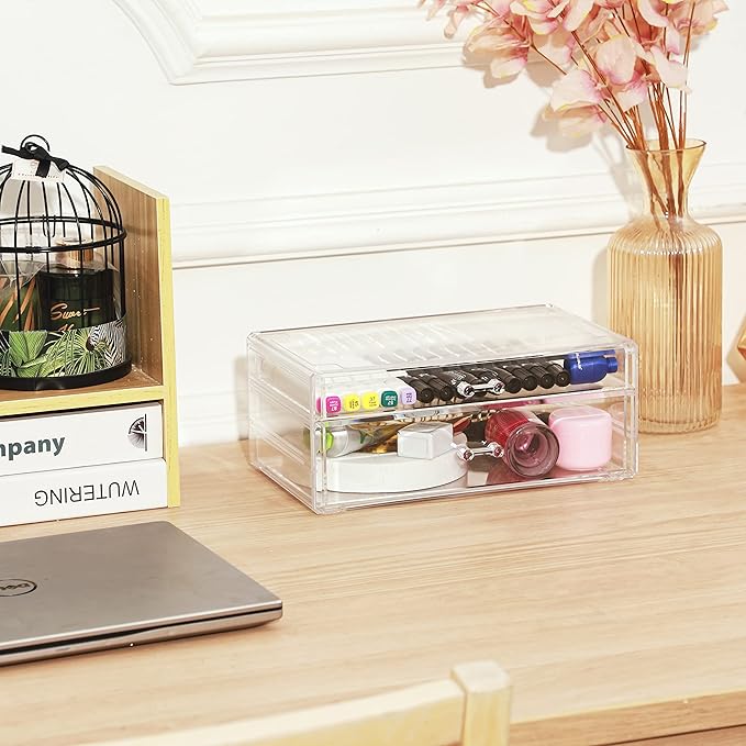 Cq acrylic 2 Pack Clear Stackable Storage Drawers for Vanity,Stackable 6 Drawers Desktop Organizer With Drawers,Cute Desk Sto