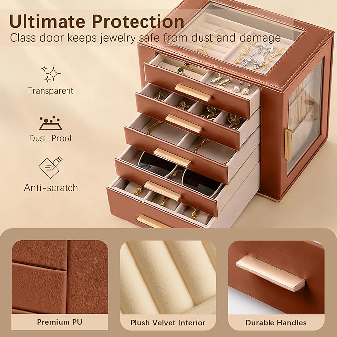 Homeanda Jewelry Box for Women with Glass Lid, 5 Drawers Jewelry Organizer and Storage for Necklaces, Rings, Earrings, Bracel