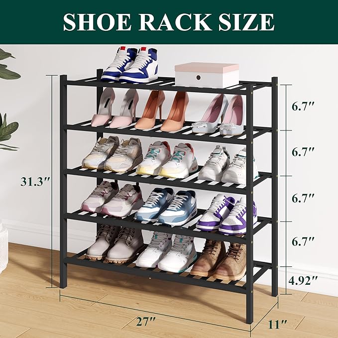 Smiry Bamboo Shoe Rack for Closet, 5 Tier Wooden Stackable Shoe Organizer, Free Standing Shoes Storage Shelf for Entryway, Fr