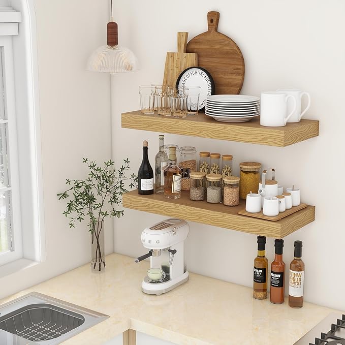 30 Inch Floating Shelves | 12 Inch Deep Oak Floating Shelves Set of 2 | 30" W x 12" D Rustic Wood Shelves for Wall | Deep Oak