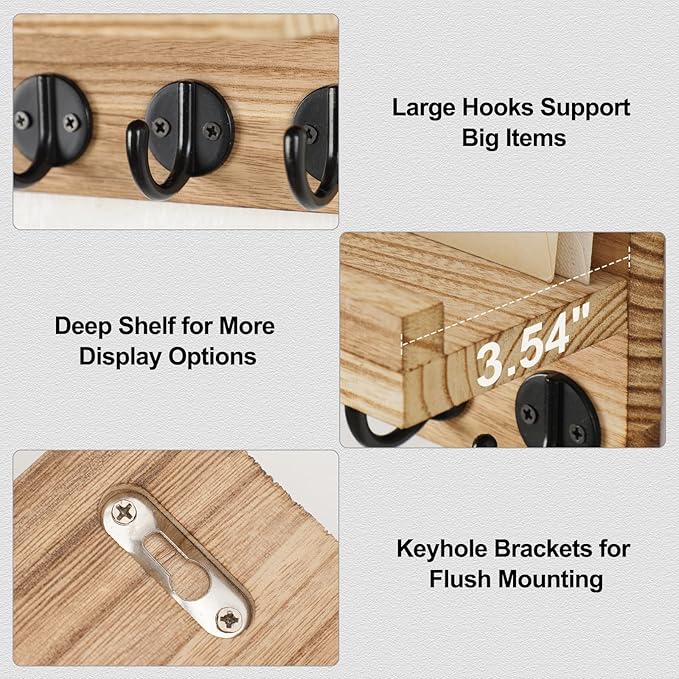 Lwenki Key Holder for Wall, Decorative Key and Mail Holder with Shelf Has Large Key Hooks for Bags, Coats – Paulownia Wood Ke