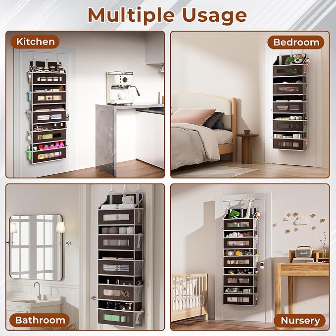 5 Tier Over The Door Organizer - Large Capacity Behind Door Hanging Shelves with 10 Mesh Pockets and Clear Windows, Closet Or