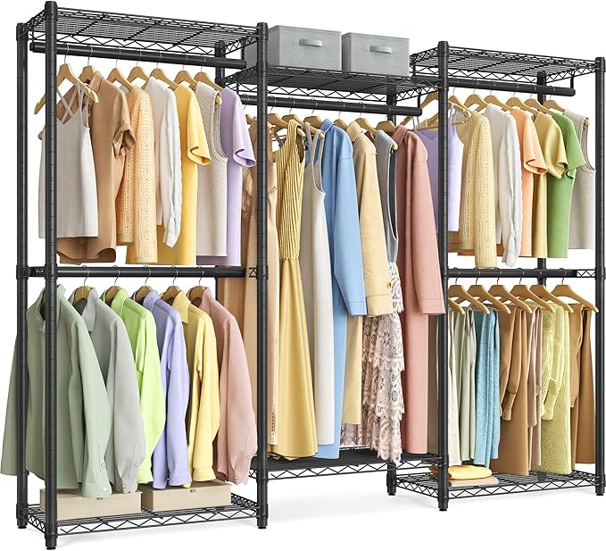 SONGMICS Heavy-Duty Clothes Rack, Garment Rack, Portable Closet, 68.7-Inch Wide Clothing Rack with Adjustable Mesh Shelves an