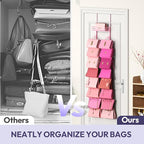 SWTYMIKI Over The Door Purse Organizer - Wall Mounted Handbag Organizer with 16 Hooks and Metal Basket, Hanging Purse Storage