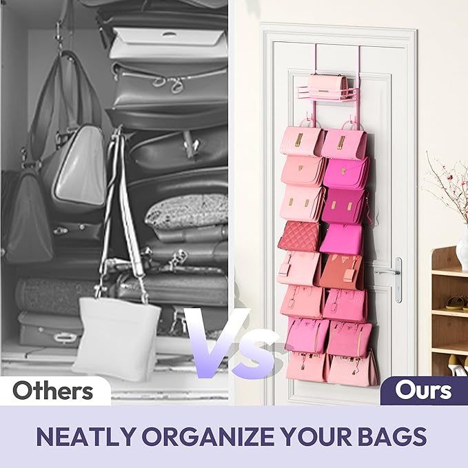 SWTYMIKI Over The Door Purse Organizer - Wall Mounted Handbag Organizer with 16 Hooks and Metal Basket, Hanging Purse Storage